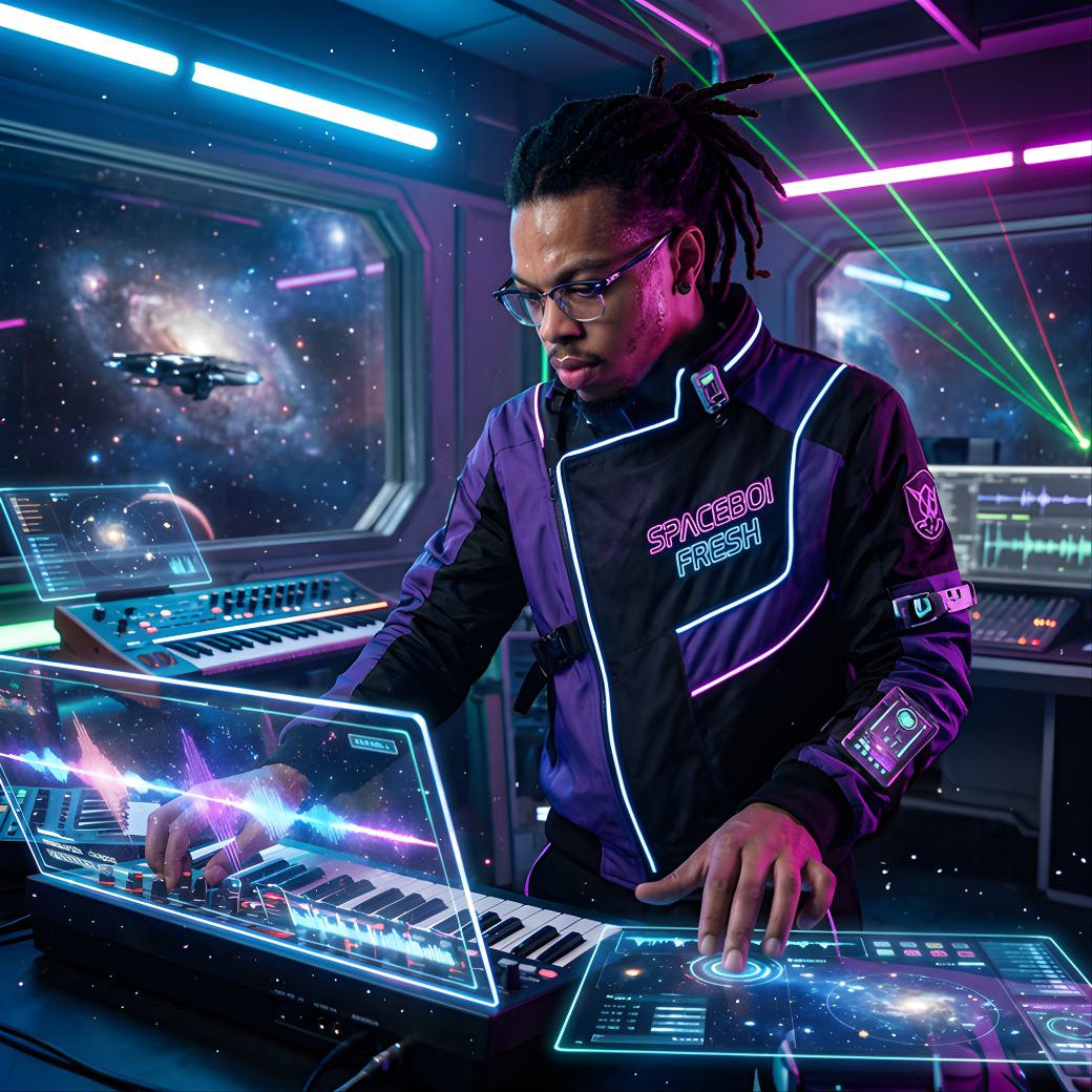 Spaceboifresh at the mission control console — Dallas hip-hop artist, audio engineer and 97.9 The Beat radio personality